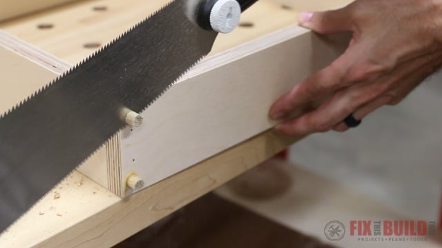 flush cutting dowels on a drawer