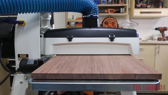JET 18-36 drum sander sanding a wide panel
