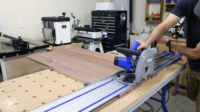 cutting a board with Kreg Jig ACS Table and Track Saw