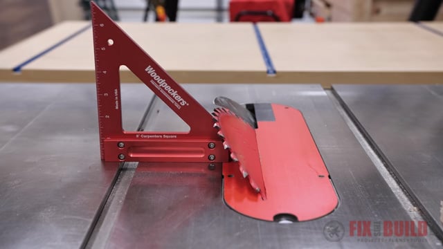 Using carpenters square to adjust table saw blade