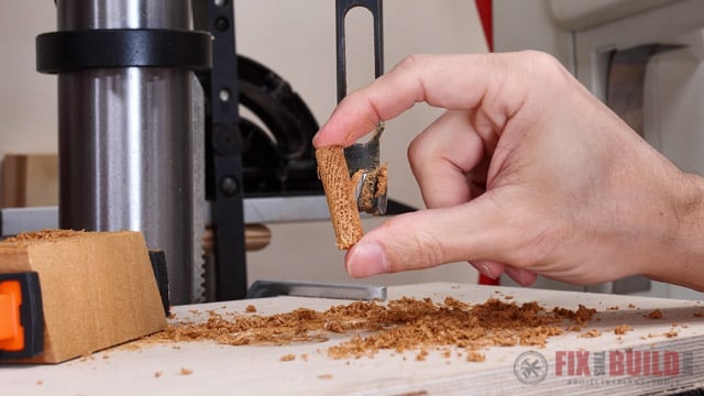 cutting wooden plug on drill press