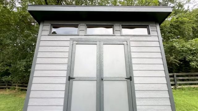 A front-on view of a completed 10x12 DIY Modern Shed.
